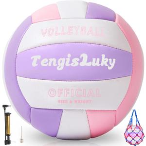 Soft Touch Volleyball Kit - Official Size 5 PU Leather Volleyball - for Outdoor/Indoor Play/Beach Game/Gym Training for Youth Teens Children Practice Volleyballs with Small Pump (Pink+Violet+White)
