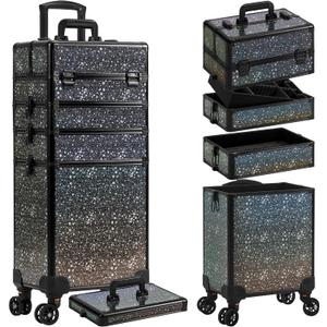 AROUS Rolling Makeup Train Case 5 in 1 Cosmetology Case on Wheels Large Cosmetic Organizer Travel Cart for Hairstylist Artist Nail Beauty Salon Barber,Black