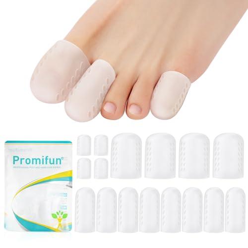 Promifun Toe Protectors for Women and Men, 16 Count Gel Toe Cap and Protector, Breathable Silicone Toe Covers for Corns, Calluses, Blister Relief - Clear, Multi-Size