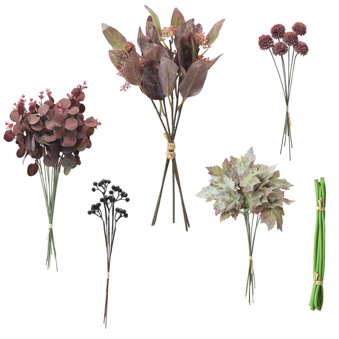 Floroom Artificial Greenery Stems Box Set, with 5 Kinds of Faux Greenery Flowers Picks for DIY Bridal Bouquets Wedding Floral Arrangement Table Centerpieces, Burgundy & Mauve
