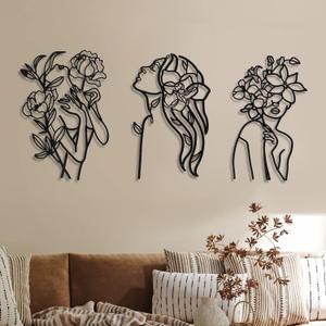 Photect 3 Pcs Metal Wall Art Decor Minimalist Abstract Woman Wall Art Metal Modern Line Drawing Decor Female Single Line Home Hanging for Bedroom Bathroom Living Room Housewarming(Elegant,Black)