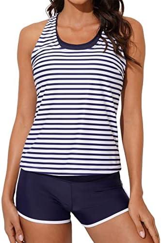 Aleumdr Womens Athletic 3 Piece Tankini Swimsuits with Shorts Swim Tank Tops with Sports Bra and Boyshorts Bathing Suits M