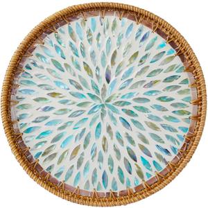 14'' Round Rattan Tray, Home Decor with Mother of Pearl Inlay, Terrekraft | Handcrafted Rattan with Shell Inlay, Wipe-clean, Boho Farmhouse Coastal Decor, Ideal for Coffee Table Ottoman Vanity Bedside