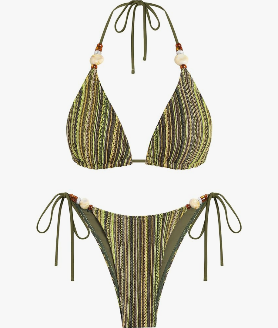 ZAFUL Women's Bikini Sets Beads Triangle Swimsuits 2 Piece String High Cut Cheeky Bathing Suits, S, Green