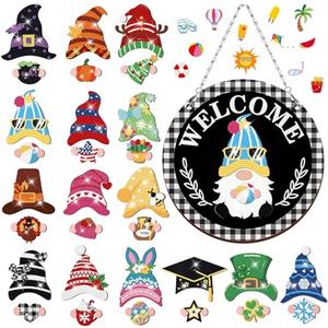 Qunclay 31 Pcs Diamond Painting Magnetic Interchangeable Gnome Sign DIY Holiday Seasonal Gnome Wooden Welcome Hanging Front Door Home Party Wreath Decoration with Magnet Detachable Hat and Hand