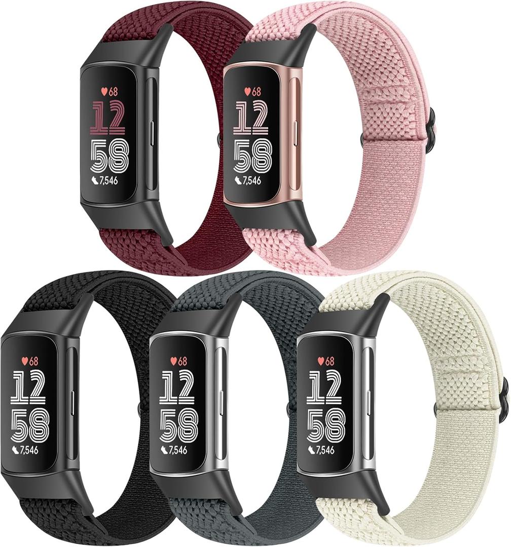 5 Pack Elastic Nylon Watch Bands Compatible for Fitbit Charge 6/Fitbit Charge 5, Adjustable Breathable Replacement Stretchy Nylon Loop Wristband Sport Strap for Women Men (Black+Grey+Wine Red+Pink Sand+Beige)