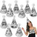 HOWAF 12pcs Happy New Year Party Hats, 2026 Silver New Year's Eve Party Decoration Cone Hats,2026 Black Silver Happy New Year's Eve Party Favors Top Hats,Cheers to the New Year Paper Hats Photo Props