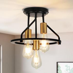 WILON Semi Flush Mount Ceiling Light 3-Light Ceiling Light Fixtures - Industrial Hallway Light Fixtures Black Gold Farmhouse Kitchen Light E26 Socket Ceiling Lamp for Hallway Kitchen Foyer