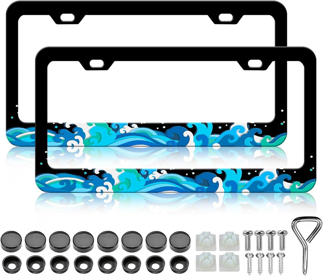 LIN KANG Blue Ocean Waves License Plate Frames - 2 Pack Traditional Waves Aluminum Metal License Plate Holder Covers,Rust-Proof Waterproof Car Decorative Tag Frames for Standard US 12x6 Inch