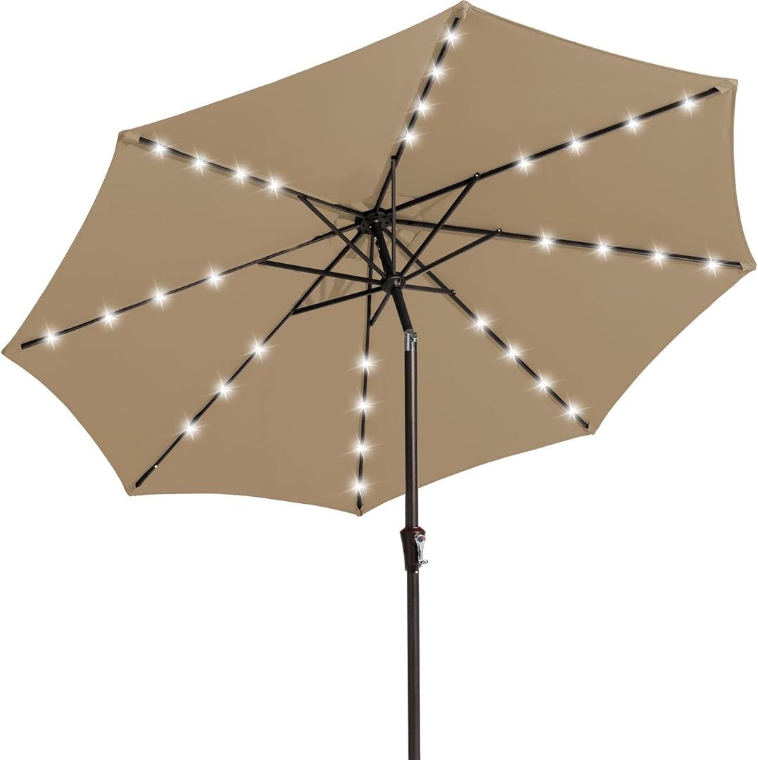 JEAREY 9FT Outdoor Patio Umbrella with Solar Lights, LED Lighted Pool Umbrella with Tilt and Crank, Outdoor Table Umbrellas for Deck, Yard & Market (Beige)