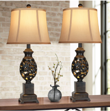 28" Bronze Nightstand Lamps with Faux Silk Shades，Vintage Living Room Bedroom End Table Lamps