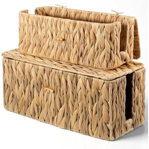 Cable Management Box with Lid 2 Pack Hand-Woven Water Hyacinth Decorative Cord Organizer 2 Side Open Slots Wicker Cable Box to Hide Cords Power Strip for Desk, Floor, Office