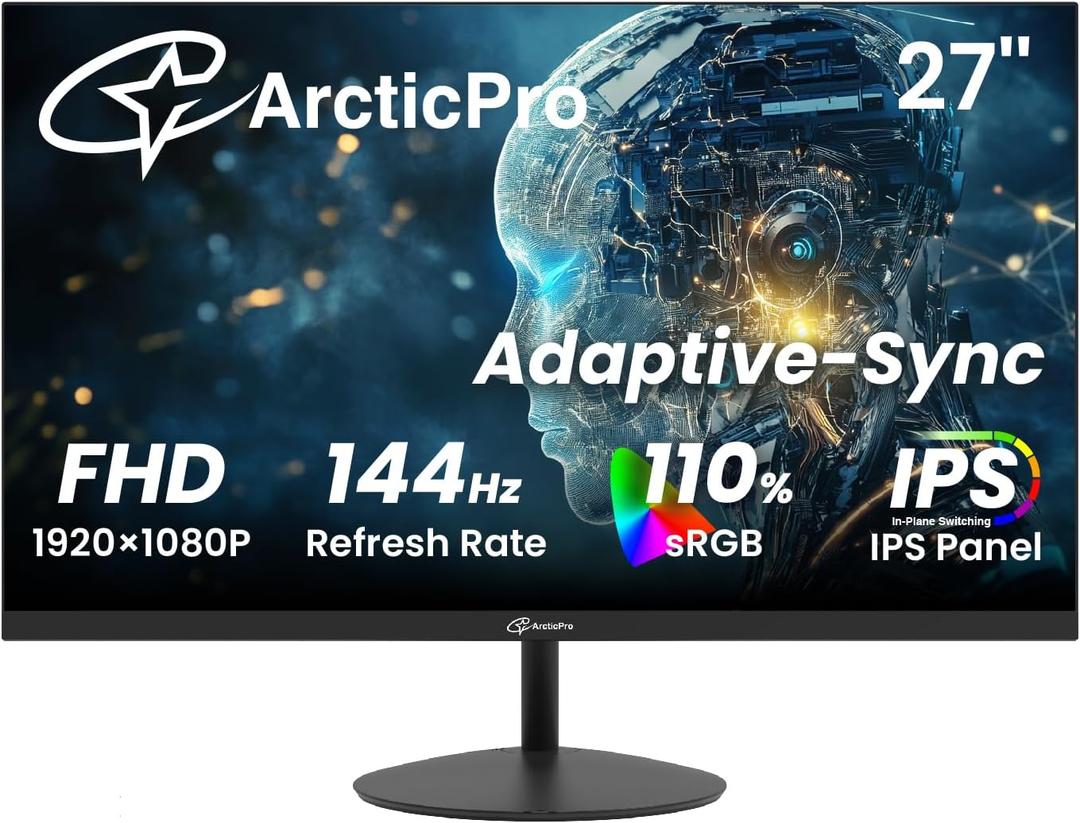 ArcticPro 27 Inch Monitor 144Hz, FHD 1080p Computer Monitor, IPS Gaming Monitor, Adaptive Sync, 110% sRGB, 1ms, 3-Sided Frameless, Ultra Slim, VESA Mountable, Anti-Blue Light Design, HDMI, DP