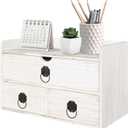 Wood Desk Organizer with Drawer, White Wooden Desktop Organizer, Tabletop Storage Organization Box for Countertop, Home Office Supplies (3 Drawer and Shelf)