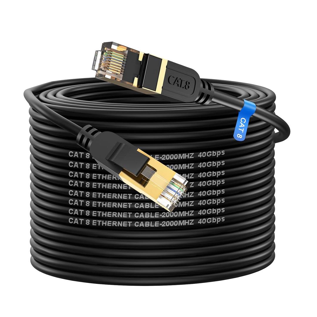 Cat 8 Ethernet Cable, 100FT High Speed Heavy Duty 26AWG Cat8 LAN Network Cable 40Gbps, 2000Mhz with Gold Plated RJ45 Connector, Outdoor & Indoor Internet Cable Compatible for Router Gaming Modem Xbox