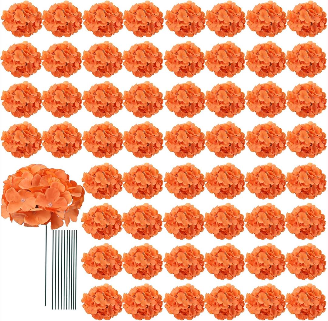 AVIVIHO 65pcs Fake Flowers Orange Hydrangea Artificial Flowers Bulk (Not Squished, No Steaming Need) Silk Flowers with Stems for Wedding Decor,Home,Baby Shower,Table Centerpieces Decoration