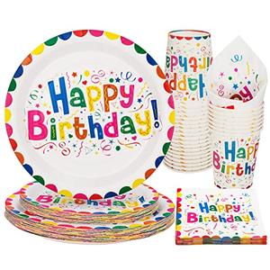 UVTQSSP 100 Pcs Birthday Plates and Cups and Napkins Party Supplies, Happy Birthday Party Paper Plates and Napkins Sets for Kids, Serve for 25 Guests, Colorful Semicircular Edge