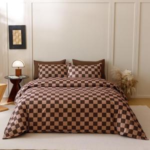 Brown Plaid Comforter Set King Chocolate Coffee Color Chessboard Bedding Sets Mocha Buffalo Checkered Bed Quilt Blanket King