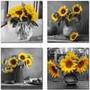 Rtriel Sunflower Canvas Wall Art Yellow Floral Pictures Blossom Flowers Black and White Painting Prints 4 Panel Bathroom Bedroom Living Room Decor 12 x 12 Inches