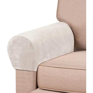 PrinceDeco 4 Pack Thick Velvet Stretch Armrest Covers for Chairs and Sofas - Non Slip, Ivory