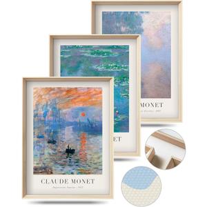 Framed Claude Monet Water Lilies Canvas Wall Art,Vintage Impressionist Botanical Painting,16x12IN High Framed Design Prints,Minimalist Classic Decor Aesthetic for Living Room,Bedroom,Bathroom Set of 3 (16L" x 12W")