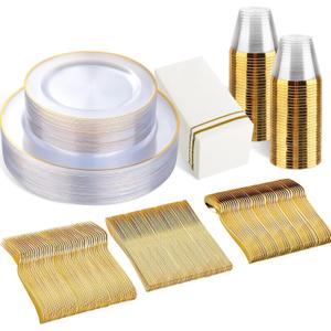175 PCS Clear and Gold Plastic Plates, Plates Disposable Heavy Duty for 25 Guests, Disposable Plates for Party and Wedding, Party Plates and Cups and Napkins Sets, Plastic Plates Disposable