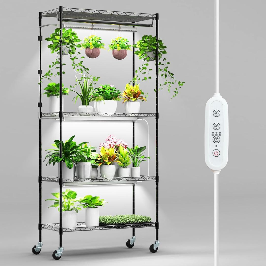 Plant Shelf with Grow Light, 4-Tier Metal Grow Light Shelf with Hanging Rod and Adjustable Rack,3-Pack 6000K T12 LED Full Spectrum Grow Lights for Seed Starting, Succulents, Built-in Timer, 72.5