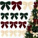 12Pcs Velvet Bows for Christmas Tree, Red Green Beige Bows Christmas Decorations with Twist Tie, Bulk Vintage Velvet Ornaments for Wreath Garland Gift Wrapping Wedding Champagne Parties 6x6in