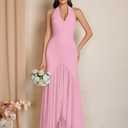 HTZMO Women Formal Sexy V Neck Halter Tie Maxi Dress Bodycon Flowy Wedding Guest Cocktail Elegant Long Dresses Pink M (M)