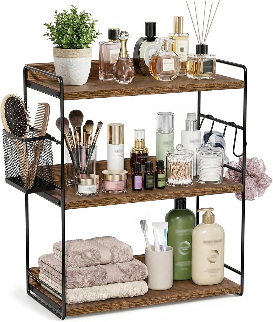 3-Tier Bathroom Counter Organizer with Basket, Brown | Wood Shelf for Skincare & Makeup, Sturdy & Space Saving, for Kitchen, Bathroom, Dresser