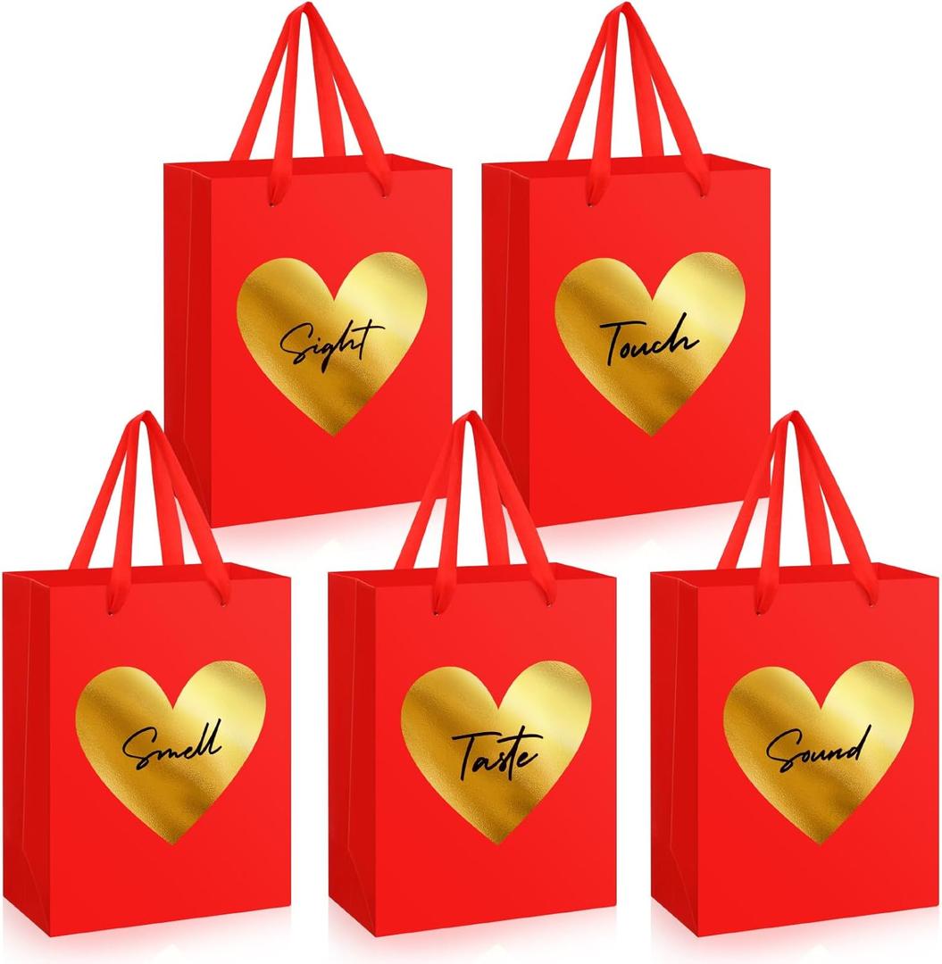 Kolldenn 5 Senses Gift Bags for Him Her 10. 6'' Valentine's Day Five Senses Gift Bags with Handles Smell Taste Touch Sight Sound Kraft Paper Present Wrappings for Valentine Wedding Birthday(Classic)