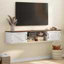 Floating TV Stand with Doors, 63'' Farmhouse Floating TV Shelf for TVs up to 80 Inch, 2 Tier Wall Mounted TV Stand, Floating Entertainment Center, TV Floating Cabinet for Living Room, Bedroom, White, 63in