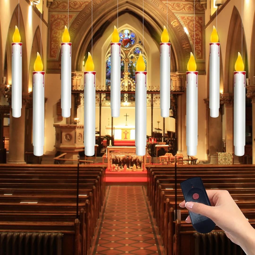 GOOTHY 10 PK Halloween Floating Candles, Hanging Floating Candles with Remote and Flickering Warm Lights, Battery Operated LED Flameless Window Candle Lights for Halloween Party Birthday Home Decor