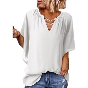 SHEWIN Womens Casual V Neck Loose 3/4 Bell Sleeve Chiffon Blouse Shirt Pleated Flowy Tunic Tops, Size 2XL