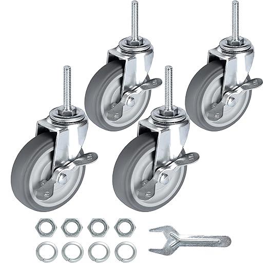 Finnhomy Caster Wheels 3 Inch Set of 4 Heavy Duty Threaded Stem Casters 5/16"18x11/2 Swivel Rubber Industrial Castors Locking Wheels for Wire Shelving/Furniture/Carts Load Bearing 720 Lbs Gray