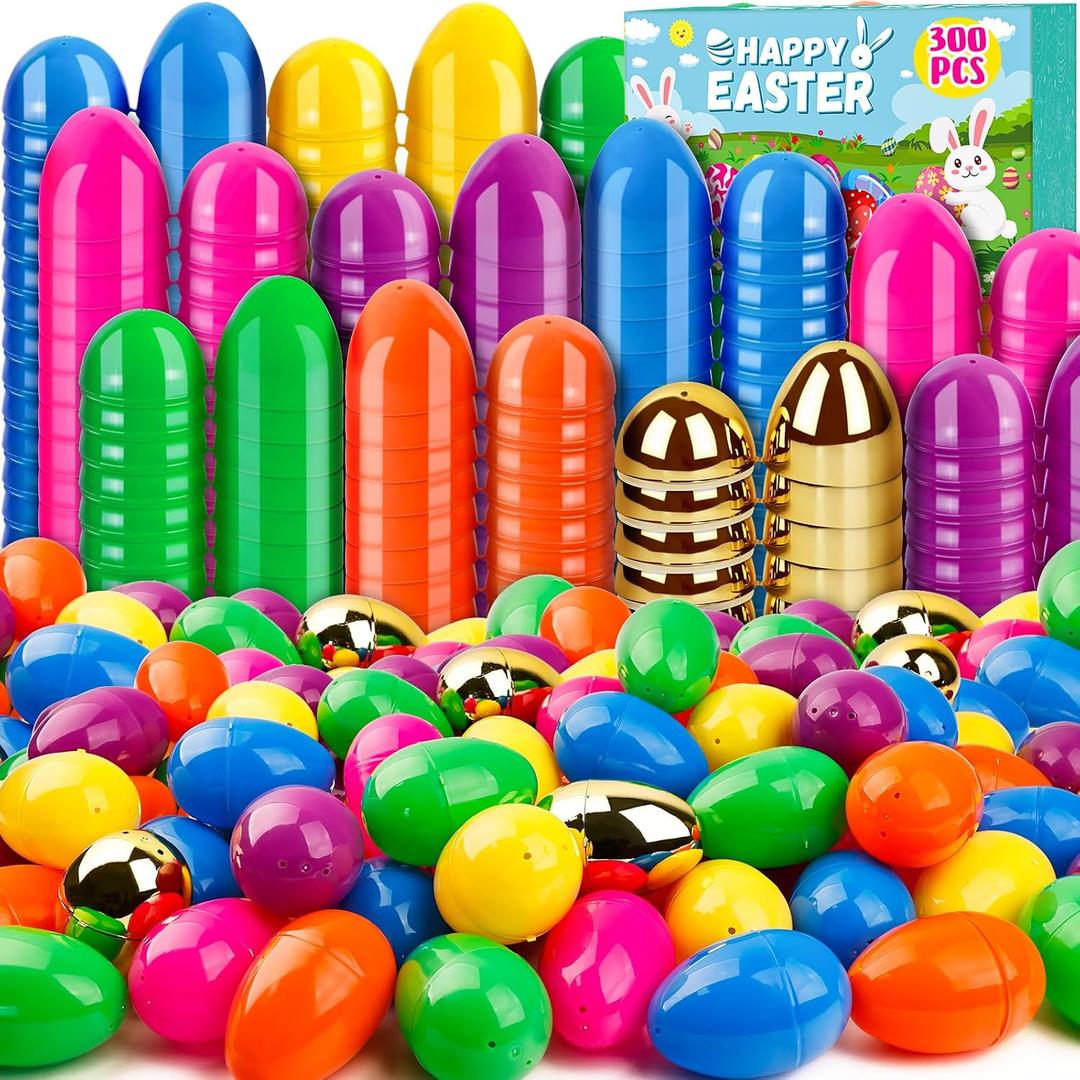 300 PCS 2.4 Inch Plastic Easter Eggs Bulk Include Surprise Golden Eggs, Colorful Fillable Empty Eggs for Easter Basket Stuffers Fillers Easter Hunt Filling Party Favors Classroom Prize Supplies