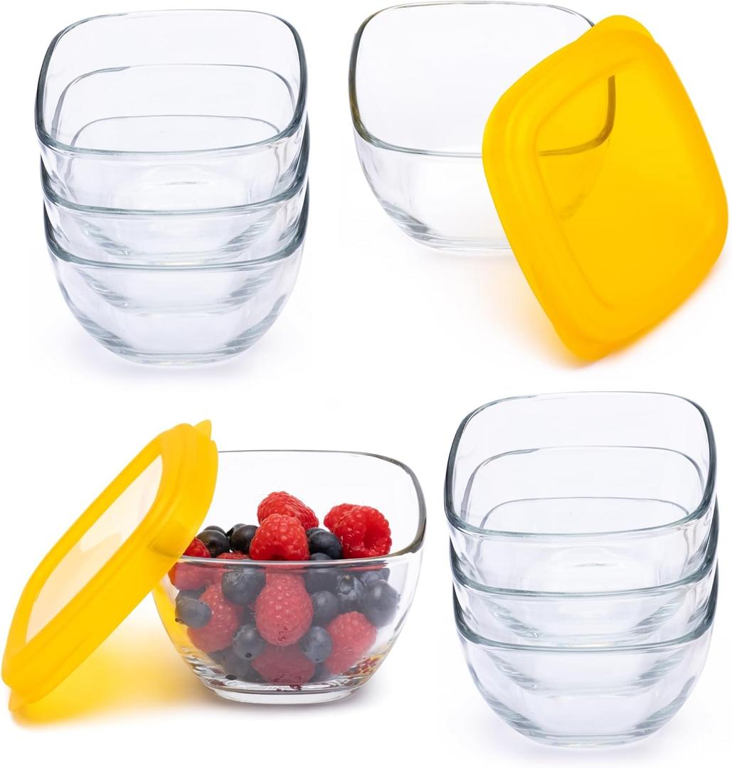 Libbey Serve It 16 Piece 2 Cup Glass Storage Bowl Container Set with Yellow Plastic Lids, 16 Fluid Ounces