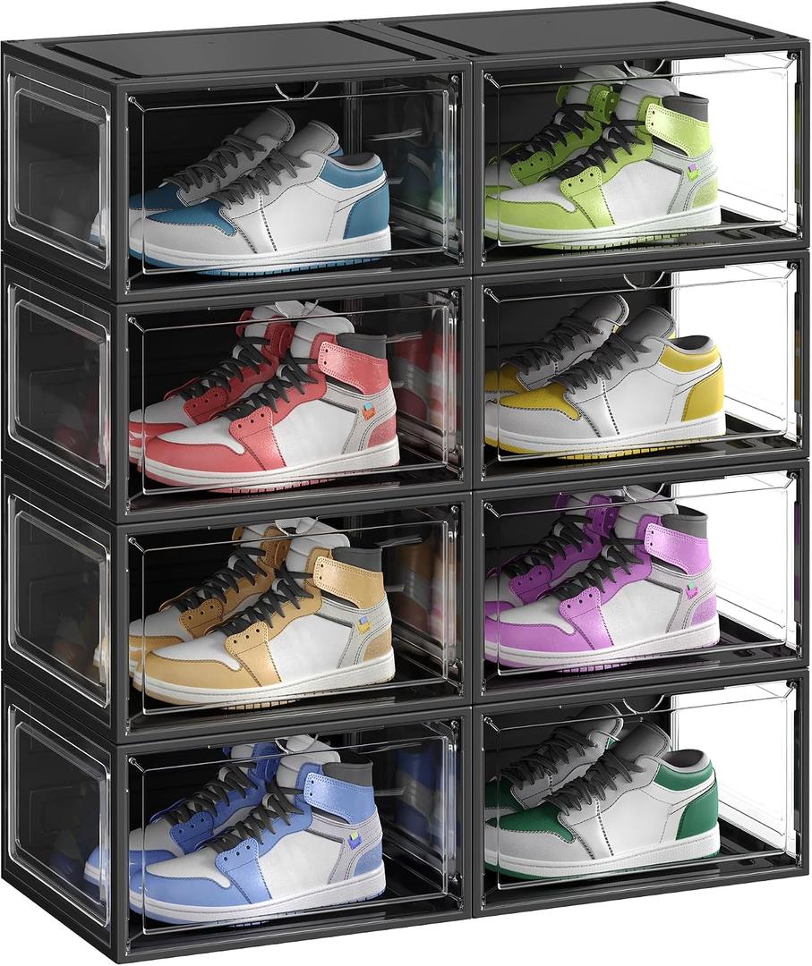 SONGMICS Shoe Boxes Set of 8, Stackable Shoe Organizers with Doors, 13 x 11.2 x 7.6 Inches, Fits Shoes up to US Size 12, Black and Transparent White ULSP508B01