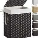 SONGMICS Laundry Hamper with Lid, 23.8 Gallon (90 L) Synthetic Rattan Clothes Laundry Basket with Lid and Handles, Foldable, Removable Liner, Black ULCB51BK