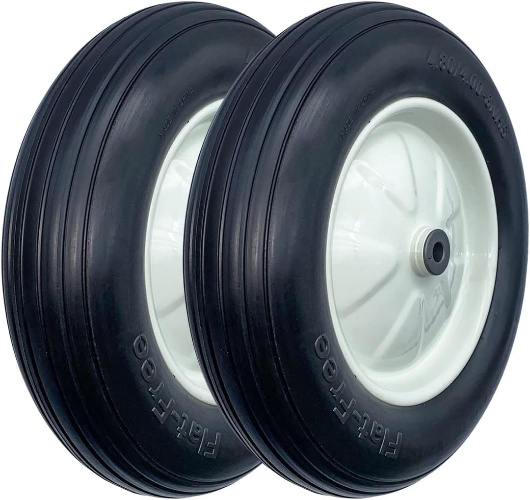 2-Pack of 4.80/4.00-8" Flat Free Tire on Wheel,16"Universal Solid Wheelbarrow Tire,3"Center Hub with 3/4" Bearings,Steel Rim,Ribbed Tread,for Wheelbarrows,Garden and Utility Carts,Trolleys
