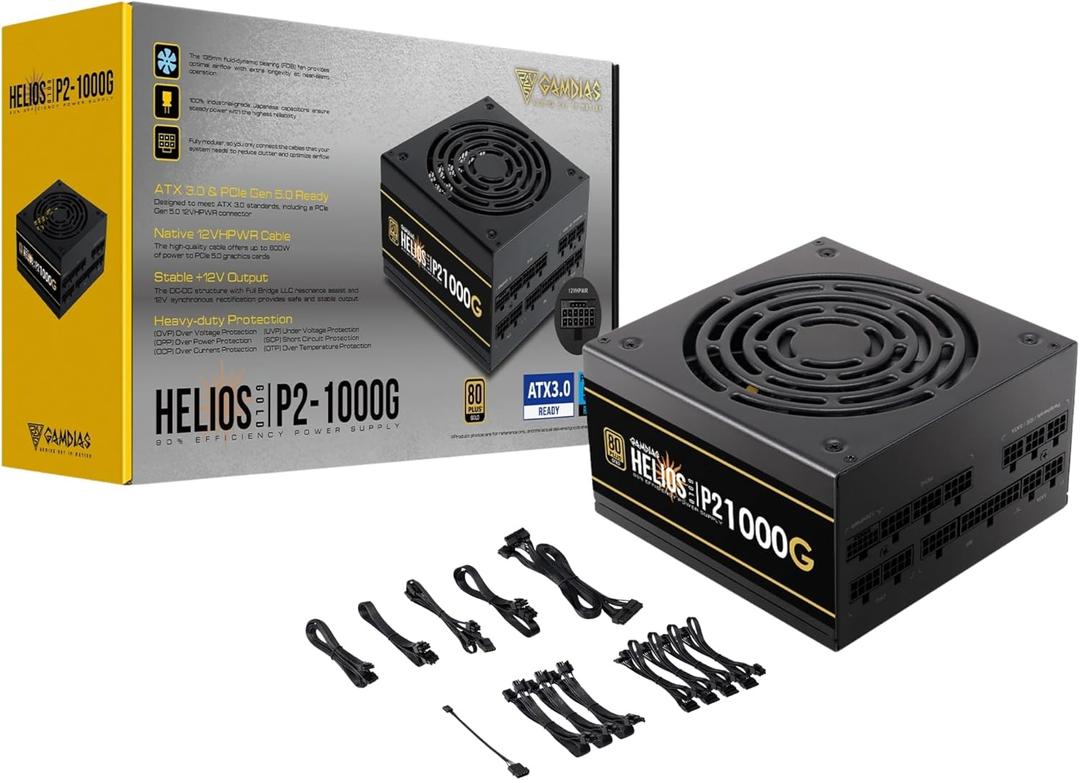 GAMDIAS PCIe 5.1 & ATX3.1 Gold 1000W Power Supply for GeForce RTX 5000 Series, 1000W Fully Modular ATX 80 Plus Gold Computer PSU for Gaming PC Desktops, Low-Noise Fan, HELIOS P2-1000G