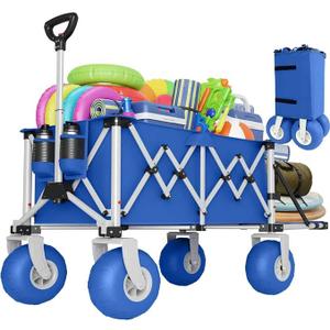 Heavy Duty Beach Wagon with Big Wheels for Sand, 10" Wheel Collapsible Wagons Foldable Large Wagon Cart Folding All Terrain for Camping(Blue)