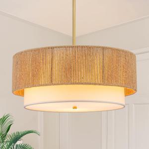 18'' Farmhouse Rattan Chandeliers for Dining Room,3-Light Boho Light Fixtures Rattan Pendant Light Fixture with Fabric Shade Drum Chandeliers for Bedroom Dining Room Foyer Kitchen Hallway (Gold)