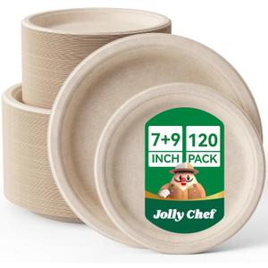 JOLLY CHEF Compostable Heavy Duty Plates 7 inch and 9 inch [120 Pack] Eco-Friendly Disposable Paper Plates Bagasse Biodegradable Sugarcane Fibers Round Plates Bulk for Party Dinner(Brown)