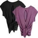 icyzone Open Back Workout Top Shirts - Yoga t-Shirts Activewear Exercise Tops for Women(Pack of 2) (Small, Black/Grape)