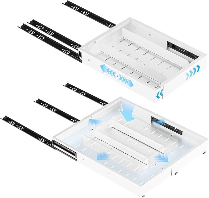 Insputer Pull Out Cabinet Organizer Expandable (12.4"-20.08")W & (16.26"-22.44")D, No Drill Slide Out Drawers with 3 Slide Rails, 2Pcs Magnetic Panel, Adhesive Roll Out Shelf for Kitchen, Pantry White