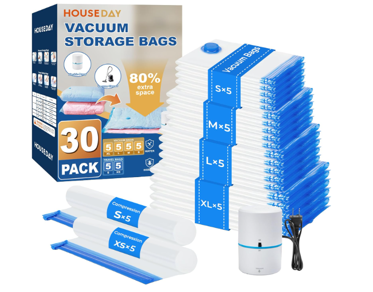 HOUSE DAY 30 Pack Vacuum Storage Bags with Electric Pump, 4 Sizes + 2 RollUp (5 Each), Space Saver Vacuum Seal Bags for Clothing, Bedding, Pillows, Travel – Airtight Seal, Reusable & Durable