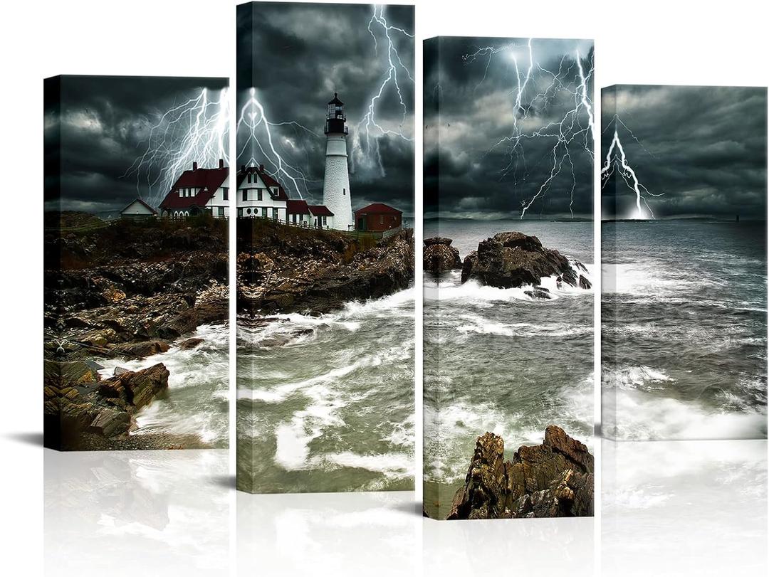 OuElegent 4 Piece Lighthouse Wall Decor Ocean Lightning Storm Pictures Artwork Lighthouse Art Canvas for Living Room Bedroom Wall DecorGallery Wrapped Ready to Hang(48''x32''), 12" x 24" x 2pcs + 12" x 32" x 2pcs