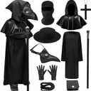 Plague Doctor Costume Black Cloak Robe with Bird Mask Leather Hood Scary Halloween Cosplay Dress up (140)