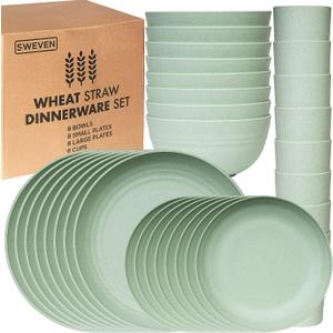 Wheat Straw Dinnerware Sets | Unbreakable Dinnerware Sets | Dishwasher Microwave Safe Dinnerware | Eco Friendly Non Breakable Dinnerware Sets | RV Outdoor Camping Green, Service for 8 (32 pcs)